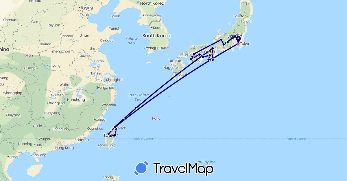 TravelMap itinerary: driving, train in Japan, Taiwan (Asia)
